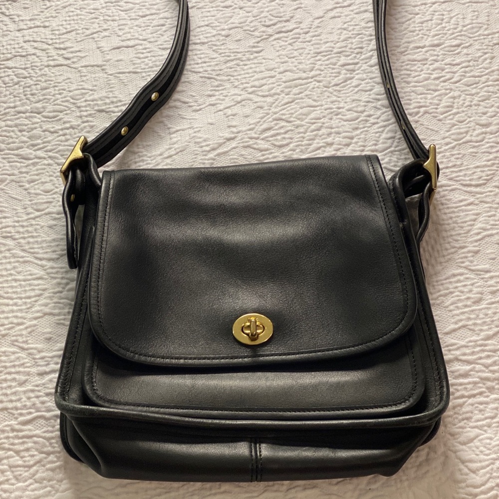 Coach - vintage- black leather handbag with original garment bag - EUC!